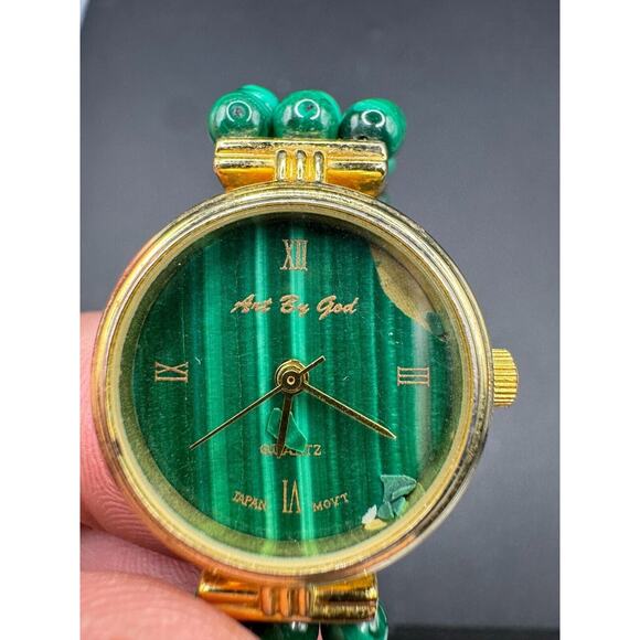 Vintage Art by God Malachite Gemstone Gold Tone Quartz Watch Beaded Band Working main image 7